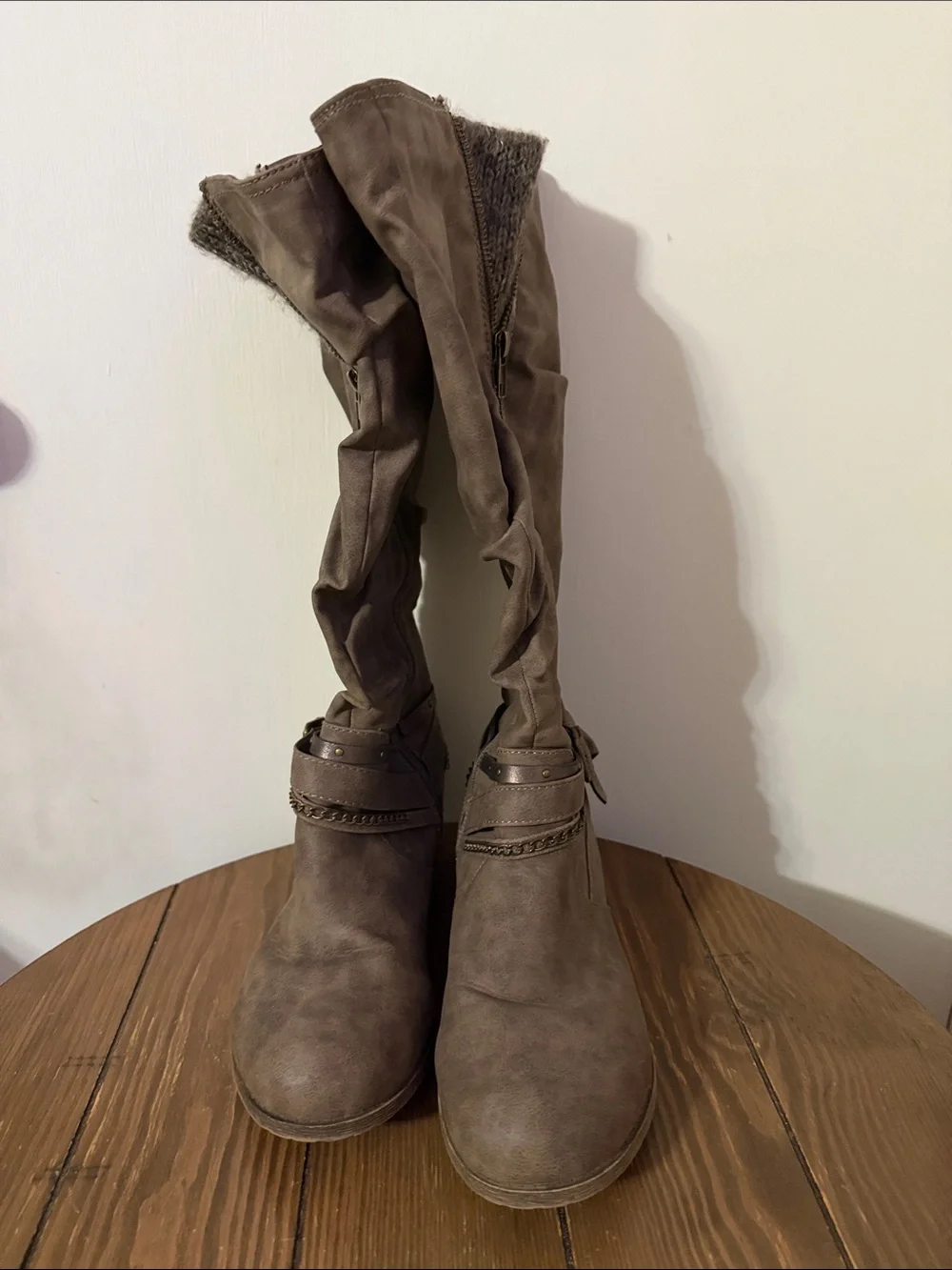 Jellypop Taupe Slouch Over-the-Knee Faux Suede Boots with Braided Ankle Strap